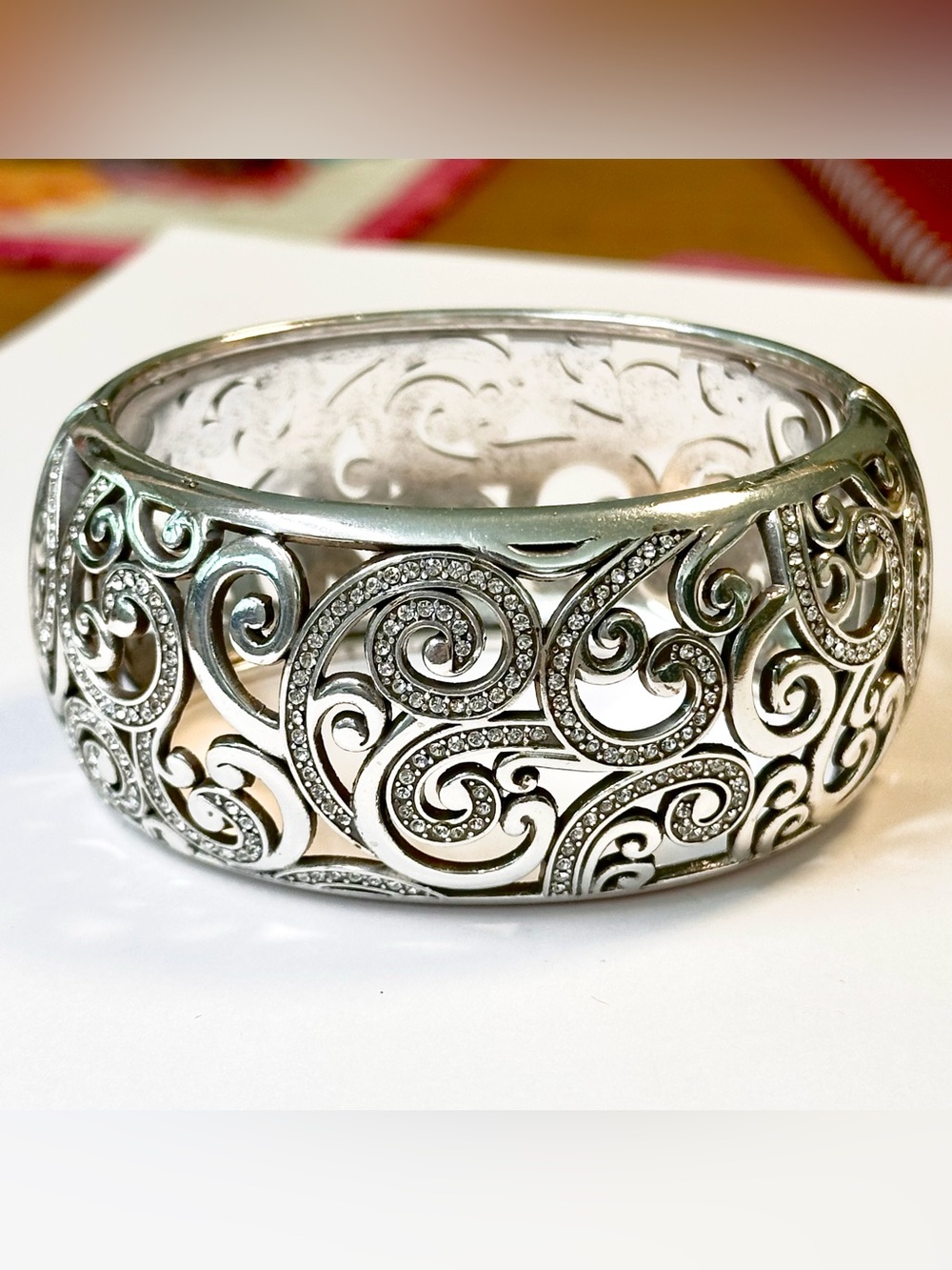 Brighton Wide Silver-Tone Filigree Cuff-Style Bracelet With Pave Stones